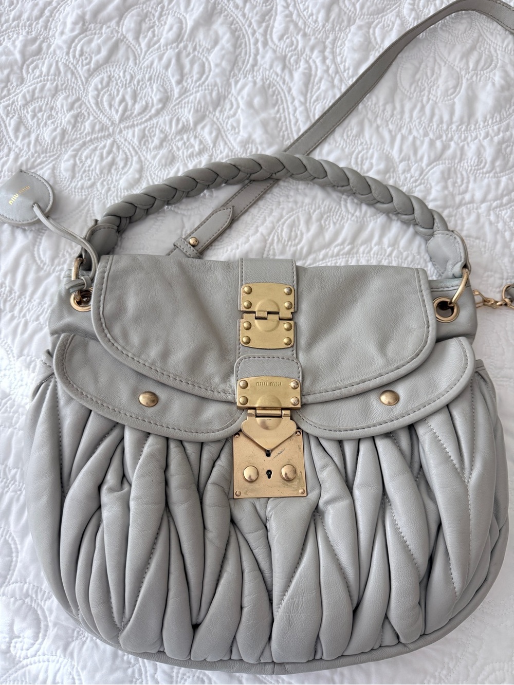 Miu Miu Light Gray lamb Leather Shoulder Bag with Gold Hardware medium size
